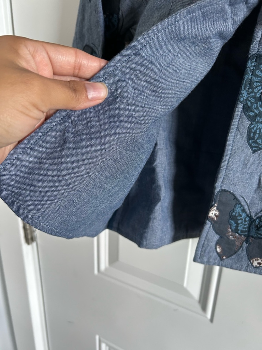 Pink Chicken Blue Chambray Butterfly Reversible Quilted Jacket Sz 6 - Picture 6 of 7